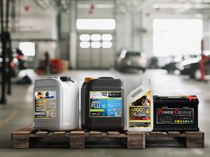 Lubricant oils for cars, 4 jugs with their product label printed