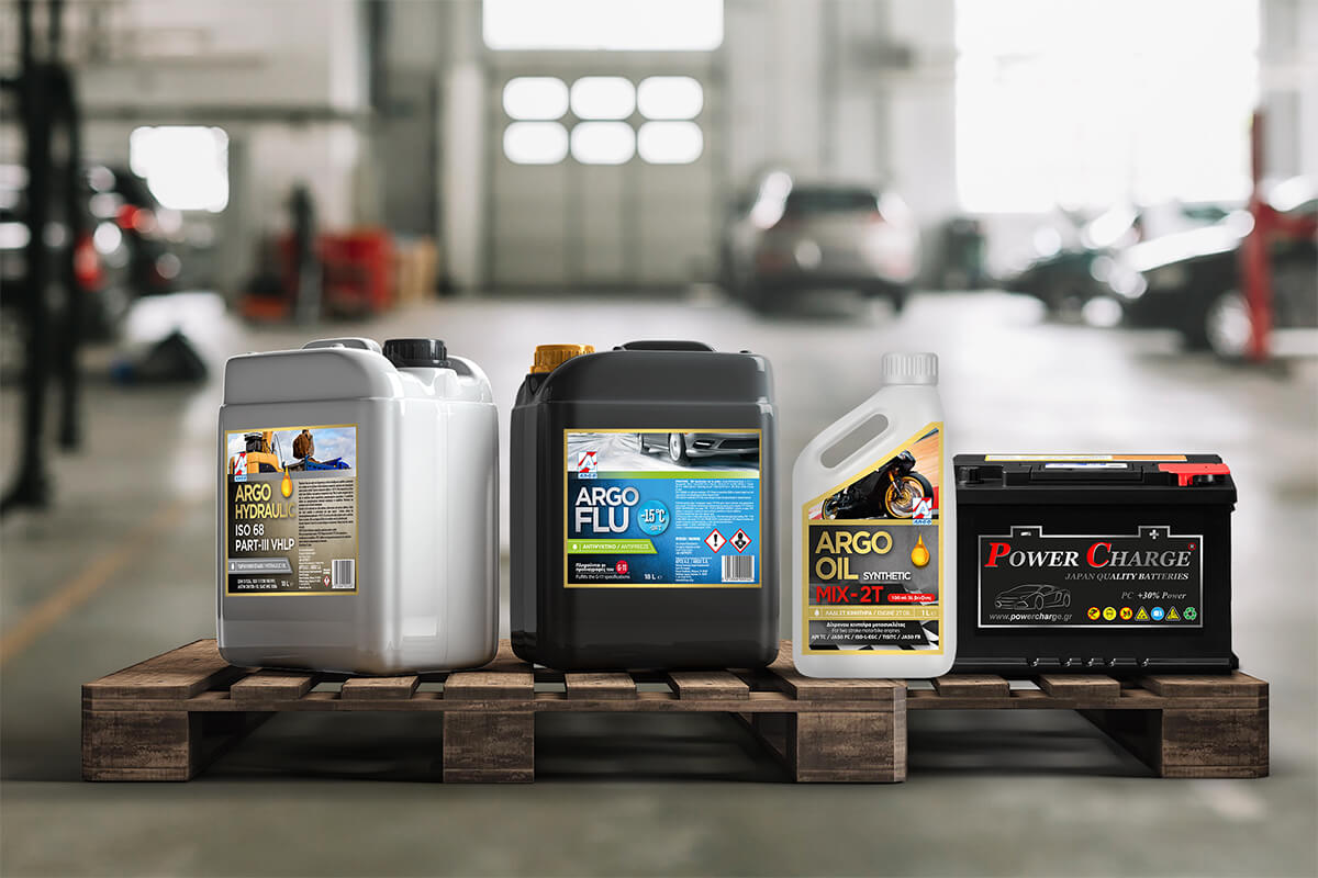 Lubricant oils for cars, 4 jugs with their product label printed